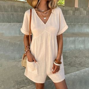 Summer Casual Cotton Linen Overalls For Women Loose Ruched Short Sleeve V Neck Shorts Jumpsuits With Pockets Rompers Bib Overall 240409