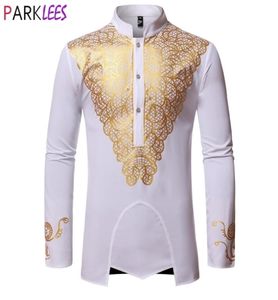 Luksusowy metalowy złoty druk African Man Clothing Agbada Kaftan Attire White Wedding Mens Sukienki Nehru kołnierz dashiki 211086431