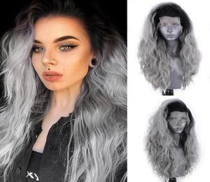 Long Wavy Ombre Grey Full spets peruk Värmebeständig fibervattens syntetisk peruk naturlig hårfäste för svarta kvinnor48196331719957