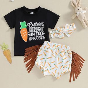 Kleidungssets Kleinkind Baby Girls Osterkleidung Karottendrucken Kurzarm T-Shirt und elastische Shorts Stirnband Set Summer Outfits