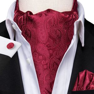 HiTie Silk Red Burgundy Mens Ascot Tie Hanky Cufflinks Set Jacquard Woven Self Cravat for Male Groomsmen Wedding Business Event240409