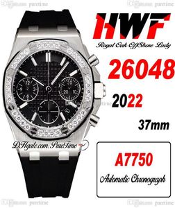 HWF 37mm 26048 ETA A7750 otomatik kronograf bayanlar SS Diamonds Çember Siyah Dokulu Kauçuk Kayış Lady Lady Womens Saatler3964267