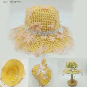 Breite Krempe Hüte Eimer Hüte Kinderstrohhut Sommer Blume Eimer Hut Hut Mädchen Sonnenschutz Sonnenhut Mesh Bogenzubehör Fairy Prinzessin Strickhut Y240409