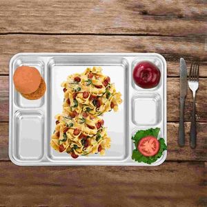 Dinnarware Define pratos de jantar Placa de controle porção Aço inoxidável dividido 6 Compartimentos Bandejas de almoço de metal retangular