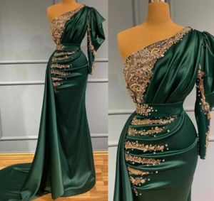 Charming Satin Dark Green Mermaid Prom Evening Dress with Gold Lace Appliques Pearls Beads One Shoulder Pleats Long Formal Occasio8639607