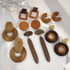 AENSOA Vintage Boho Geometric Wood Drop Earrings for Women Handmade Autumn Brown Round Circle Square Wooden Earring Jewelry 2023
