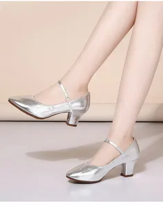 Dance Shoes Spring Summer Sole Soft Leather Square Women's Silver Medium High Heels Social