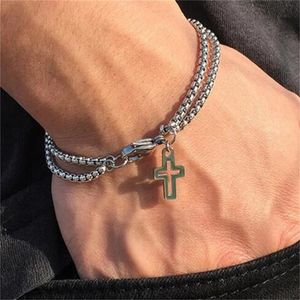 Men's Fashion Double Chain Cross Hollow Wrist Bracelets Lobster Claw Clasp Stainless Steel Bracelet Hip Hop Punk Party Jewelry AB116