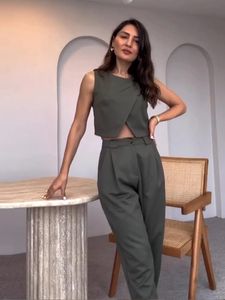 Chic Solid Long Pant Set for Women 2024 Spring Summer Sleeveless Top Casual Trousers Fashion Office Lady 2 PCS 240329