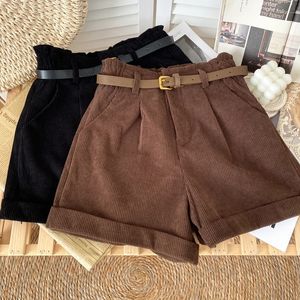 S5XL Corduroy Rolled Wideleg Shorts Women Autumn Retro High Waist Loose Casual Short Pants With Belt A line Femme 240409