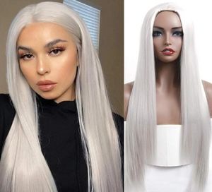 Longa peruca reta e sedosa Cabelo branco sintético sem renda Mulheres meninas de fantasia Partem do cosplay do calor resistente ao calor