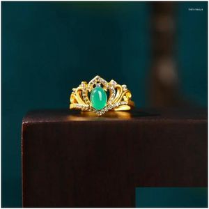 Cluster Rings S925 Sterling Sier Chinese Style Ancient Gold Plated Natural Jade Chalcedony Agate Crown Opening Adjustable Womens Drop Dhyrx