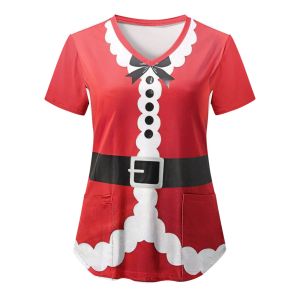 Medizinische pecrub uniformische Frauen oberen lustige Weihnachtskostüm 3D -Druck Kurzarm Workwear gegen Hals Taschen Tops Arbeiten Blusehemd