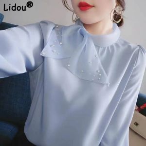 Sandals Spring Elegant Fashion Women Scarf Collar Chic Bow Beading Chiffon Shirt Korean Temperament Long Sleeve Loose Blouse Casual Tops