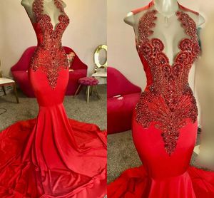2024 luksusowa czerwono-syrenka konkurs strój sher o-drock koraliki kryształowe satynowe urodziny wieczorowe suknie imprezowe szatę de soiree vestidos de gala