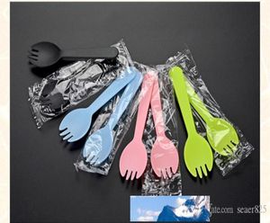 100 adet 115x33cm45x13inch ayrı ayrı sarılmış tek kullanımlık plastik spork çatal tatlısı dondurucu yoğurt paspas çatal bıçak takımı whol8317206