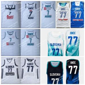 Mens New Eslovênia Luka Doncic 77 Jerseyss Blue Unicersidad Europea 7 Madrid White Jerseys Shirts S-xxl