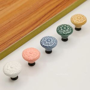 Single Hole Round Ceramic Knob Handle Flower Surface Cabinet Kitchen Door Drawer Handles Dresser Knobs Pulls Furniture Hardware