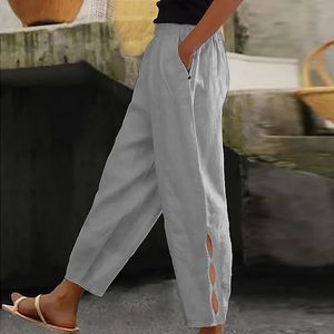 Women Elegant Elastic Waist Solid Long Pants Casual Cotton Linen Hollow Out Straight Fashion Buttons Loose Trousers 240402