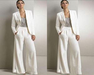 New Bling Sequins Ivory White Pants Suits Mother Of The Bride Dresses Formal Chiffon Tuxedos Women Party Wear New Fashion Modest8526456