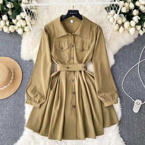 Vestidos casuais vestido de camisa feminina moda primavera outono cor sólida colar colarinho de manga longa solta uma linha com cinto feminino manto