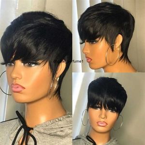 Spetsspår Kort mänskligt hår Pixie Cut Straight Perruque Bresillienne för Black Women Machine Made With Bangs Glueless Wig 220930
