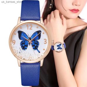 Armbandsur lyx 2022 Lady Brands es Fashion Crystal Blue Butterfly Women Quartz Leisure Leather Strap Female Clock Gifts240409