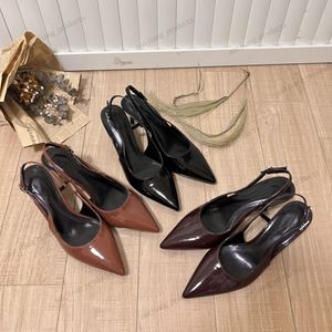 Nytt patent läder slingback pekade tå varumärke sandaler sandale stilett häl 10 cm pumpar sandalier klädskor kvinnors lyxdesigner party bröllop kvällskor