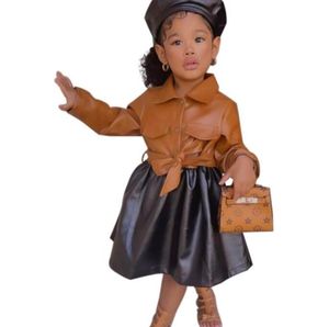 Herbst Winter Baby Girls Leder Jacke Kleider Fashion Kids Nähen PU -Kleid -Kinder -Mäntel Röcke 27 Jahre4149237