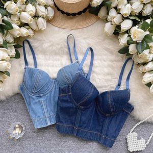 Womens Tanks Camis Italian spaghetti shoulder strap tight denim tight corset top womens spicy girl jeans vest builtin bra fashionable vest and Camille shipping J240