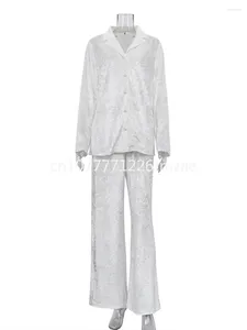 ステージウェアファッションホワイトベルベットズボンスーツエレガントなラペル長袖シャツ2ピースセット級冬のルーズホームウェア