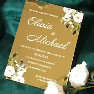 Floral Gold Mirror Acrylic Wedding Invitation,Custom Transparent Birthday Invite,White Rose, Cermony Invitation, 10Pcs