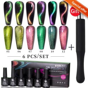 Zestawy Bozlin 6pcs/zestaw żel lakier do paznokci 9D Glitter kameleon Kot Magnetyczny Zestaw Magnetyczny z magnetycznym drążkiem zanurzając lakier do paznokci sztuki