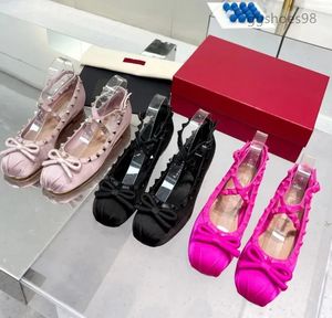 Satin Ballet Shoes New MIUI Bow Flats Rimmed Rivet Flat Boat Shoes Silk Satin Cross Strap Ankle Mary Jane Shoes Women's Casual shoes Holiday flats