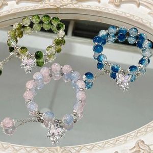 Strand Pink Crystal Butterfly Bracelets For Women Romantic Green Blue Beads Charm Bracelet Girls Students Hand Jewelry Friends Gift