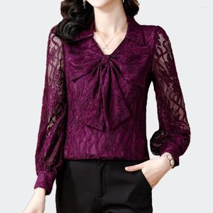 Women's Blouses Elegant Lace Tops Ladies Casual Bow Tie Collar Hollow Out Long Sleeve Vintage Shirts Blusas Mujer 2024 Clothing