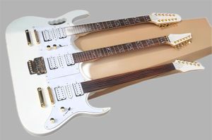 Chitarra elettrica a doppio collo bianco da 3 colli di fabbrica con 6+6+12 stringhe, tastiera di palissandro, hardware dorato, offrire caldo personalizzato