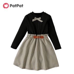 Patpat 2st Kid Girl Bowknot Design Mock Neck Long-Sleeve Black Tee och Plaid kjol Set