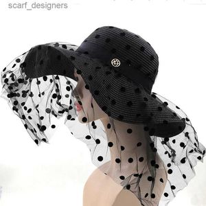 Wide Brim Hats Bucket Hats Audrey Hepburn lace Wide Brim white Straw Hat Sun Hats For Women UV Protection floppy Summer Beach Hat Ladies hat chapeau femme Y240409