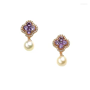 Kolczyki stadnina 1Pair 925 Sterling Srebrny Naturalny ametyst Pearl Uch Ear Dangle Earring Purple Crystal Luxury Fashion Fine Jewelry