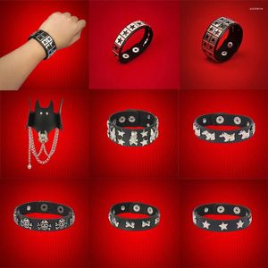 Link Bracelets Gothic Punk Double Star Skull Black PU Leather Bracelet Chains Women Men Harajuku Cuff Wrap Bangle Jewelry Gift