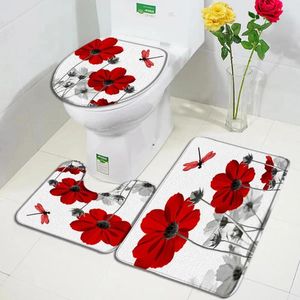 Badmattor Rödgrå blommor Mat Set Dragonfly Rustic Floral Plants Moderna minimalistiska badrumsdekor mattan Non-Slip Mattor Toalettskydd