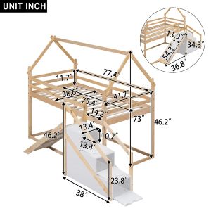 Twin over Twin House Loft or Bunk Bed,Functional Children's bed with Slide and Staircase,suitable for Kids bedroom,Natural