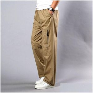 Men'S Pants Mens Summer Men Straight Loose Casual Male Cotton Sports Trousers Side Pockets Wide Leg Khaki Large Plus Size For Seasons Dhvwr