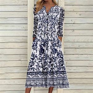 Casual Dresses Summer Vintage Floral Print Dress For Women Three Quarter Sleeve V Neck Pockets Stora Hem Party A Line Swing