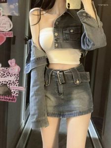 Work Dresses Vintage Denim Suit Woman Slim Casual Short Cardigan Sexy Bodycon Y2k Mini Skirt Elegant Korean Fashion Set 2024 Spring Chic