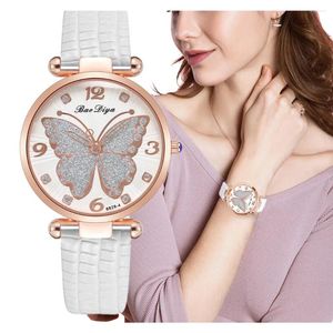 Wristwatches Women's Fashion White Butterfly Diamond Design Watches Brand Ladies Quartz Wristwatch Simple Femme Leather Band Clock