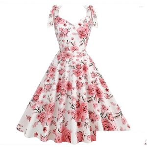 Podstawowe sukienki swobodne 2023 Kobiety w lecie sukienki Retro 50s 60. szata femme rockabilly pinup impreza vestidos eleganckie biuro kwiatowe dr dht4b