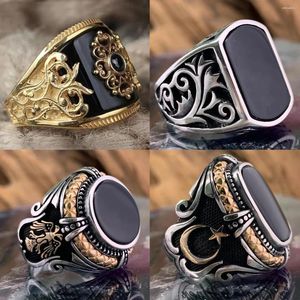 Cluster Rings Vintage Men's Silver Color Big Black Zircon Stone Open Ring For Male Geometric Irregular Pattern Adjustable Jewelry Wholesale