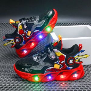 Tênis meninos tênis tênis de desenho animado sapatos de esportes de primavera outono de iluminação iluminada malha preta de criança vermelha criança sapatos tamanho 2237